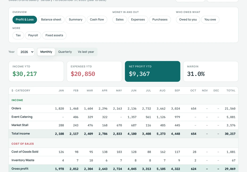 The profit and loss report by month