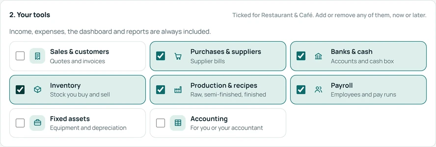 Choosing tools when you sign up: sales, purchases, banks, inventory, production, payroll, assets and accounting